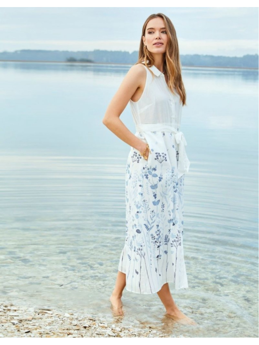 Spartina 449 Emeline Oyster Factory Flower Fields Sleeveless Midi Shirt Dress